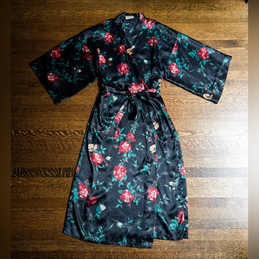Dark Floral Satin Robe, Gothic Cottagecore Boudoir Lingerie Lounge Robe